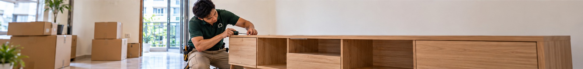 Console and furniture set up during a home move-in