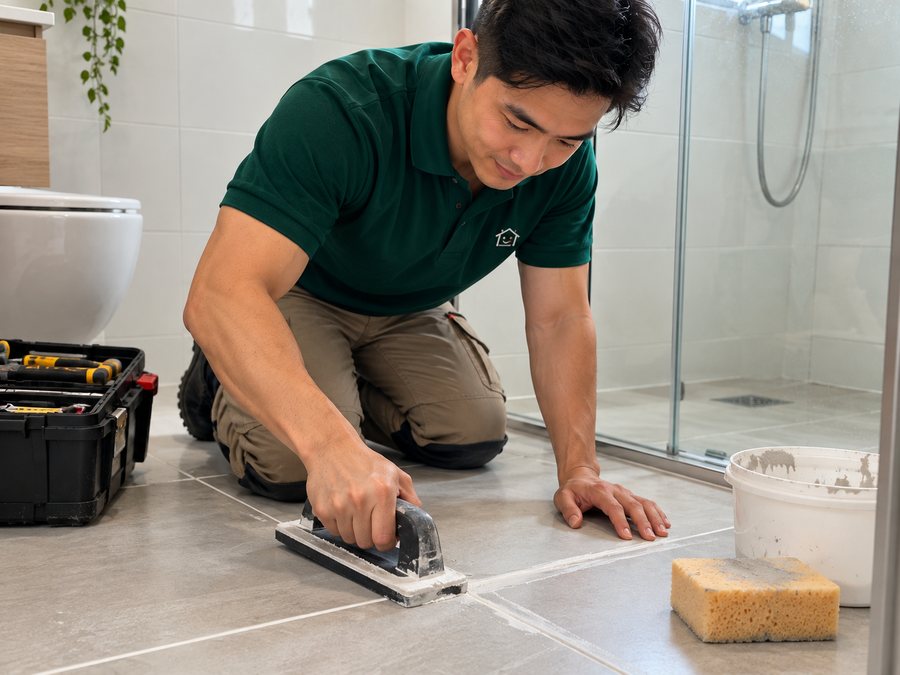 Handyman regrouting bathroom floor tiles near a shower